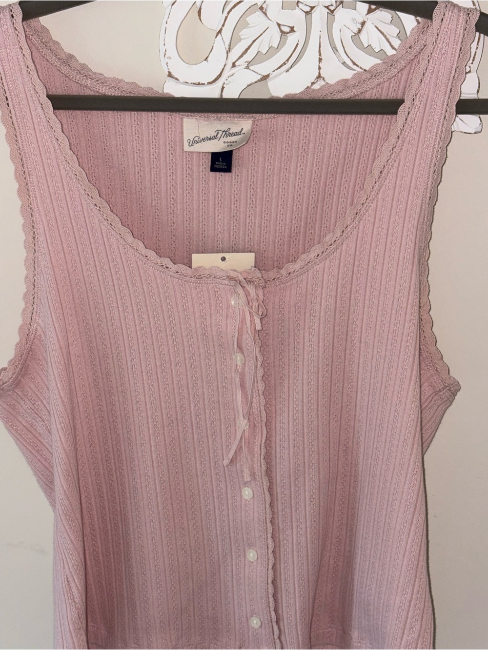 Universal Thread Pink Ribbed Lace-Trim Button Tank - Picture 2 of 11